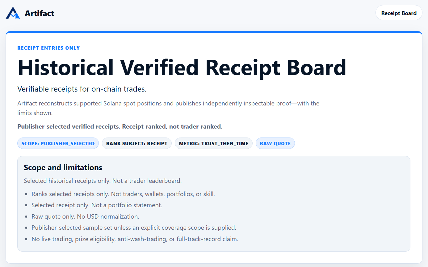 Artifact receipt board screenshot